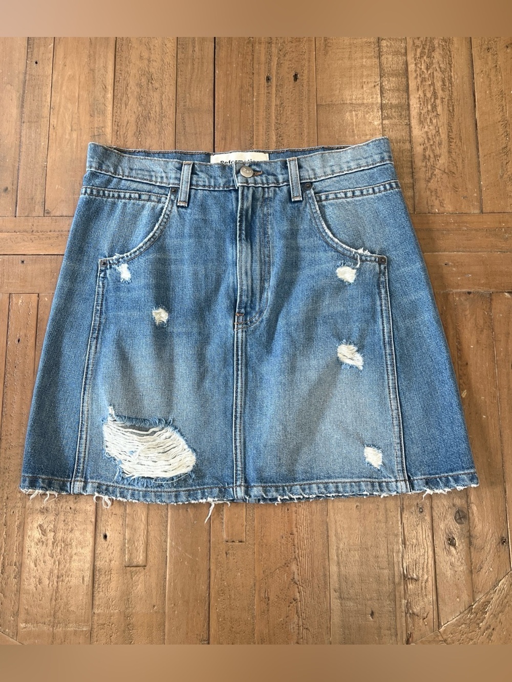 Reformation Denim Mini Skirt Women’s 28 Blue Jean Distressed Concert Bohemian